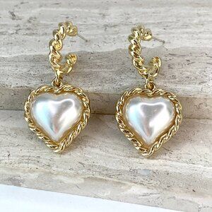 NEW ~ Free People Power Hoops Pearl Heart Dangle Earrings
